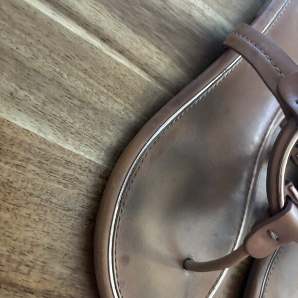 Tory Burch Miller Sandals Tan Leather Logo Women’s 8.5 Resort Beach Pool FLAWS - Picture 11 of 16